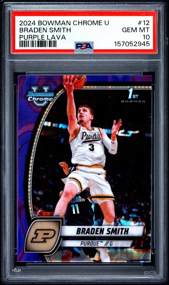 Graded 2024 Bowman University Chrome Braden Smith #12 Purple Lava Refractor Rookie RC Basketball Card PSA 10 Gem Mint (ONLINE ORDER ONLY)