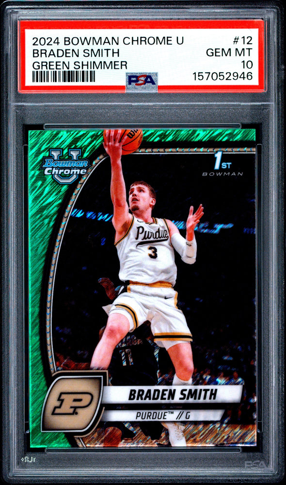 Graded 2024 Bowman University Chrome Braden Smith #12 Green Shimmer Refractor Rookie RC Basketball Card PSA 10 Gem Mint (ONLINE ORDER ONLY)