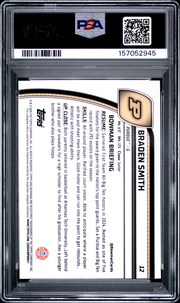 Graded 2024 Bowman University Chrome Braden Smith #12 Purple Lava Refractor Rookie RC Basketball Card PSA 10 Gem Mint (ONLINE ORDER ONLY)