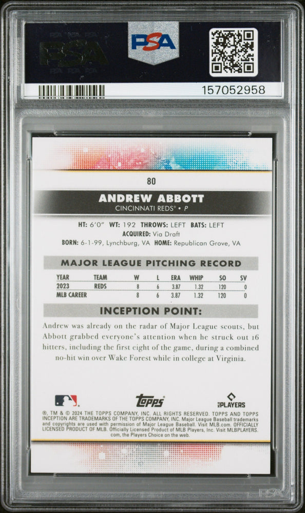 Graded 2024 Topps Inception Andrew Abbott #80 Rookie RC Baseball Card PSA 10 Gem Mint (ONLINE ORDER ONLY)