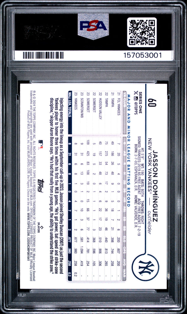 Graded 2024 Topps Jasson Dominguez #60 Holiday Rookie RC Baseball Card PSA 9 Mint (ONLINE ORDER ONLY)