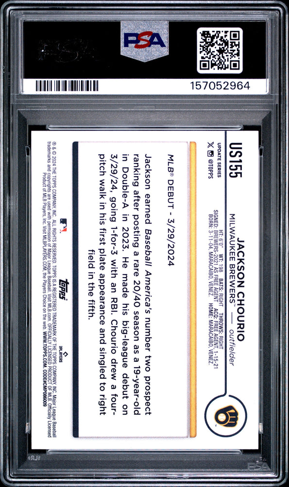 Graded 2024 Topps Update Jackson Chourio #US155 Rookie RC Baseball Card PSA 9 Mint (ONLINE ORDER ONLY)