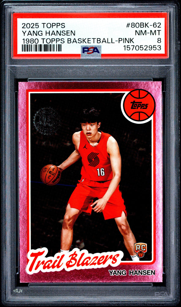 Graded 2025 Topps Yang Hansen #80BK-62 1980-81 Topps Basketball Pink Holo Foil Rookie RC Basketball Card PSA 8 Near Mint (ONLINE ORDER ONLY)