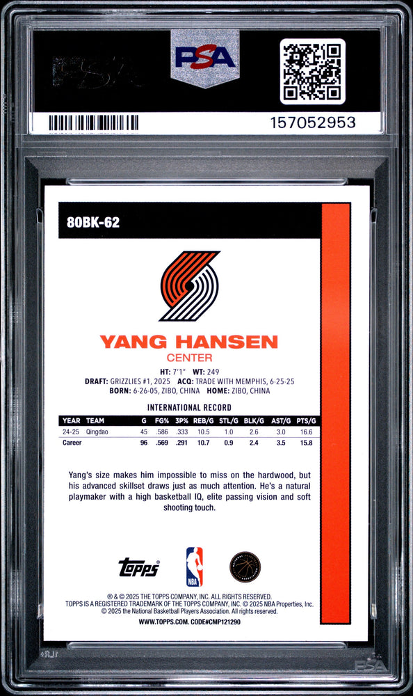Graded 2025 Topps Yang Hansen #80BK-62 1980-81 Topps Basketball Pink Holo Foil Rookie RC Basketball Card PSA 8 Near Mint (ONLINE ORDER ONLY)