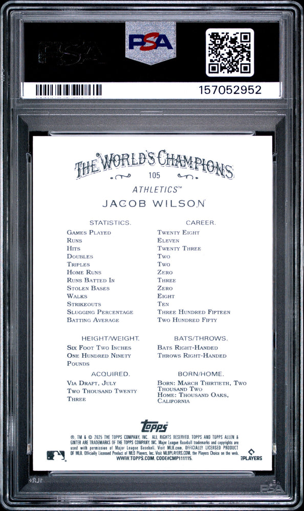 Graded 2025 Topps Allen & Ginter Jacob Wilson #105 Rookie RC Baseball Card PSA 10 Gem Mint (ONLINE ORDER ONLY)