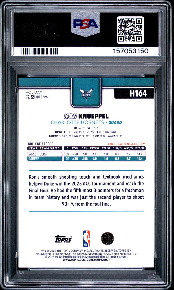 Graded 2025 Topps Holiday Kon Knueppel #H164 Rookie RC Basketball Card PSA 9 Mint (ONLINE ORDER ONLY)