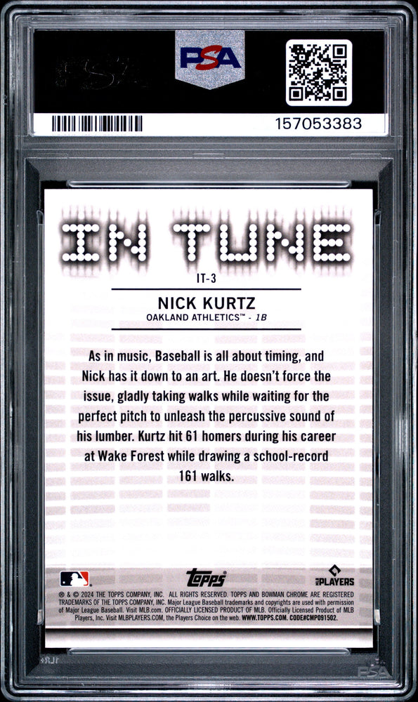 Graded 2024 Topps Bowman Draft Nick Kurtz #IT3 In Tune Rookie RC Baseball Card PSA 10 Gem Mint (ONLINE ORDER ONLY)