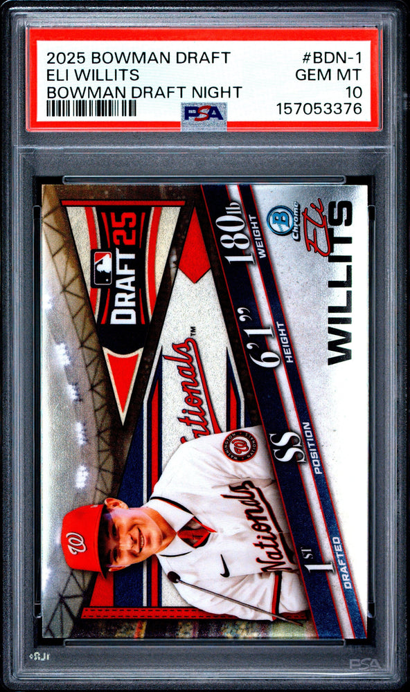 Graded 2025 Topps Bowman Draft Eli Willits #BDN1 Draft Night Rookie RC Baseball Card PSA 10 Gem Mint (ONLINE ORDER ONLY)