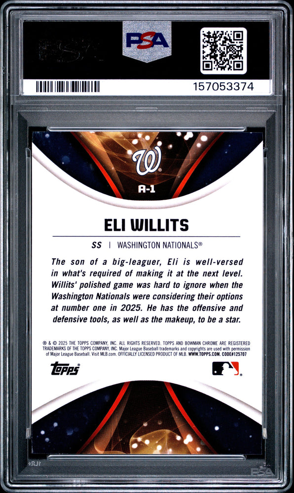 Graded 2025 Topps Bowman Draft Eli Willits #A1 Axis Rookie RC Baseball Card PSA 10 Gem Mint (ONLINE ORDER ONLY)