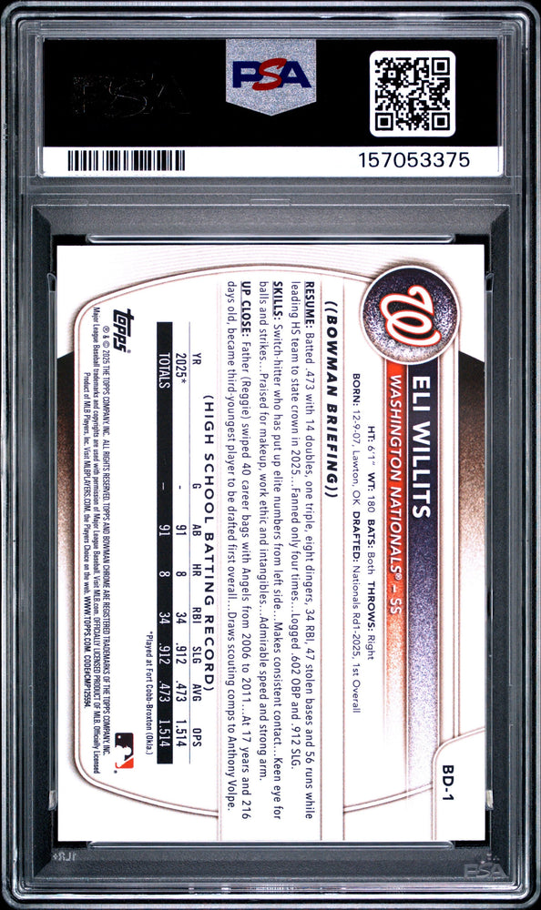 Graded 2025 Topps Bowman Draft Eli Willits #BD1 Rookie RC Baseball Card PSA 9 Mint (ONLINE ORDER ONLY)