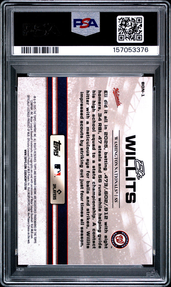 Graded 2025 Topps Bowman Draft Eli Willits #BDN1 Draft Night Rookie RC Baseball Card PSA 10 Gem Mint (ONLINE ORDER ONLY)