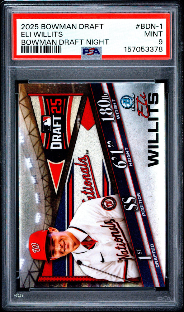 Graded 2025 Topps Bowman Draft Eli Willits #BDN1 Draft Night Rookie RC Baseball Card PSA 9 Mint (ONLINE ORDER ONLY)