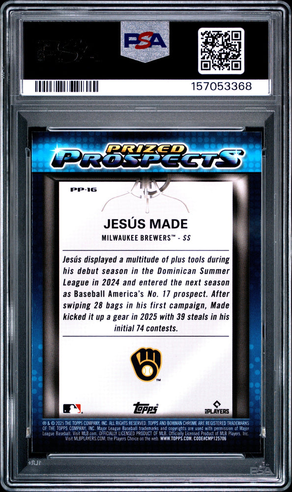Graded 2025 Topps Bowman Draft Jesus Made #PP16 Prized Prospects Rookie RC Baseball Card PSA 9 Mint (ONLINE ORDER ONLY)