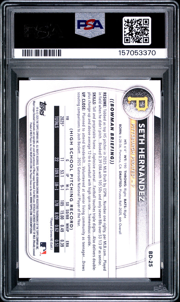 Graded 2025 Topps Bowman Draft Seth Hernandez #BD25 Rookie RC Baseball Card PSA 9 Mint (ONLINE ORDER ONLY)