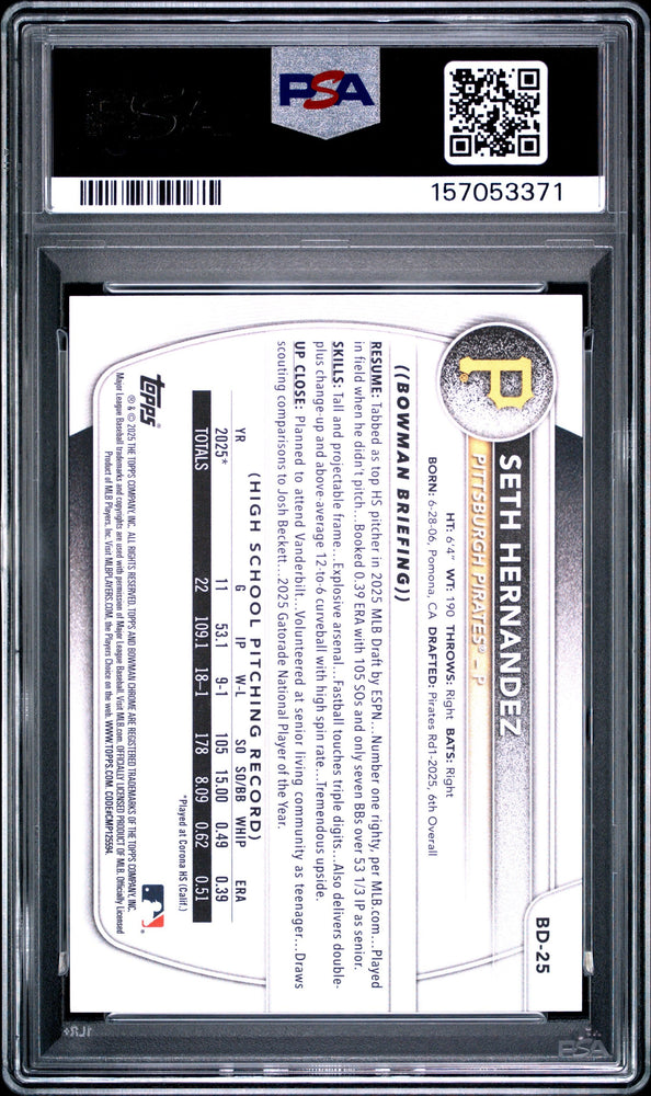 Graded 2025 Topps Bowman Draft Seth Hernandez #BD25 Rookie RC Baseball Card PSA 10 Gem Mint (ONLINE ORDER ONLY)