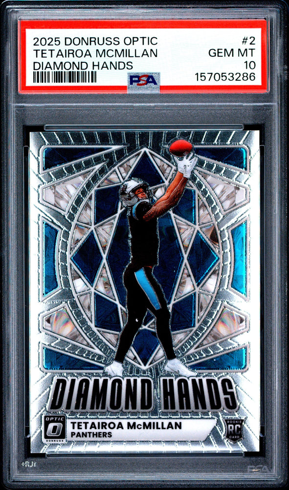 Graded 2025 Panini Donruss Optic Tetairoa McMillan #2 Diamond Hands Rookie RC Football Card PSA 10 Gem Mint (ONLINE ORDER ONLY)