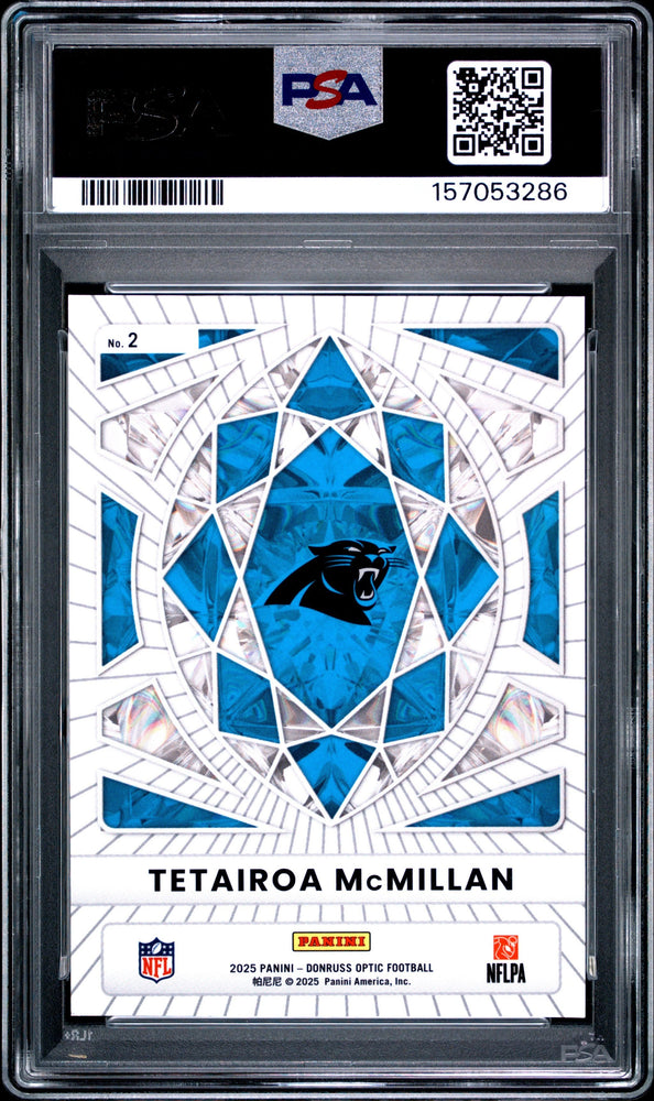 Graded 2025 Panini Donruss Optic Tetairoa McMillan #2 Diamond Hands Rookie RC Football Card PSA 10 Gem Mint (ONLINE ORDER ONLY)