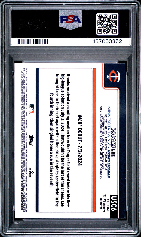 Graded 2025 Topps Chrome Update Brooks Lee #USC6 Refractor Rookie RC Baseball Card PSA 9 Mint (ONLINE ORDER ONLY)