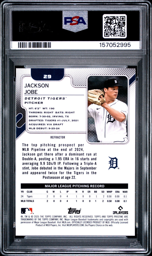 Graded 2025 Topps Pristine Jackson Jobe #29 Refractor Rookie RC Baseball Card PSA 9 Mint (ONLINE ORDER ONLY)