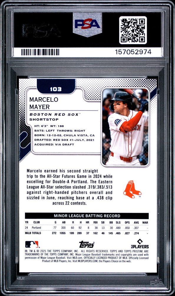 Graded 2025 Topps Pristine Marcelo Mayer #103 Rookie RC Baseball Card PSA 10 Gem Mint (ONLINE ORDER ONLY)