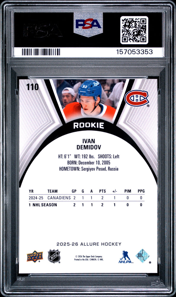 Graded 2025 Upper Deck Allure Ivan Demidov #110 Rookie RC Hockey Card PSA 10 Gem Mint (ONLINE ORDER ONLY)