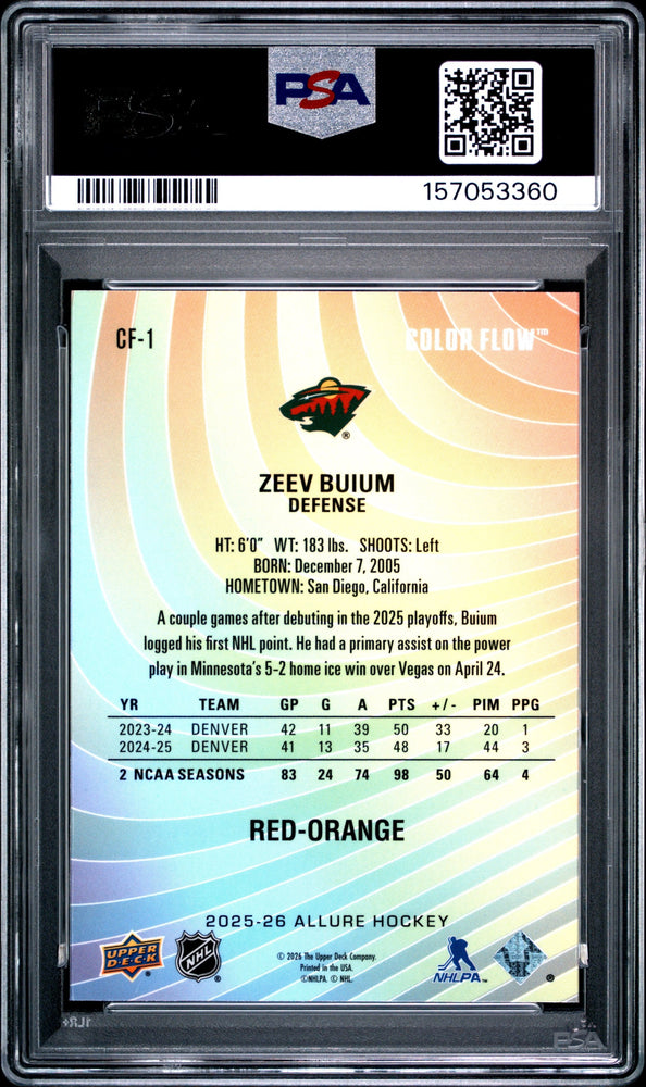 Graded 2025 Upper Deck Allure Zeev Buium #CF1 Color Flow Red-Orange Rookie RC Hockey Card PSA 10 Gem Mint (ONLINE ORDER ONLY)