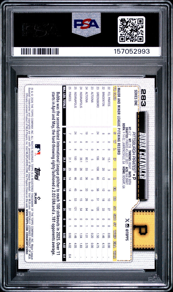 Graded 2026 Topps Bubba Chandler #283 Rookie RC Baseball Card PSA 10 Gem Mint (ONLINE ORDER ONLY)