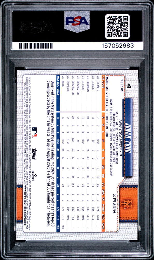 Graded 2026 Topps Jonah Tong #4 Rookie RC Baseball Card PSA 9 Mint (ONLINE ORDER ONLY)