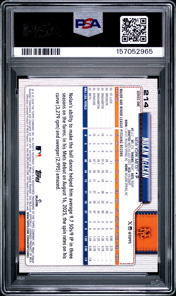 Graded 2026 Topps Nolan McLean #214 Rookie RC Baseball Card PSA 10 Gem Mint (ONLINE ORDER ONLY)