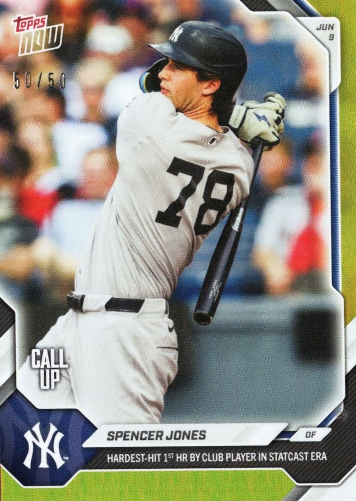 2026 Topps Now Spencer Jones #308 Gold Foil /50 Hardest Hit 1st Home Run by Club Player in Statcast Era New York Yankees Rookie RC Baseball Card (ONLINE ORDER ONLY)