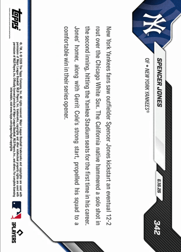 2026 Topps Now Spencer Jones #342 1st Career Yankee Stadium Home Run Ignites 12 Run Rout New York Yankees Rookie RC Baseball Card (ONLINE ORDER ONLY)