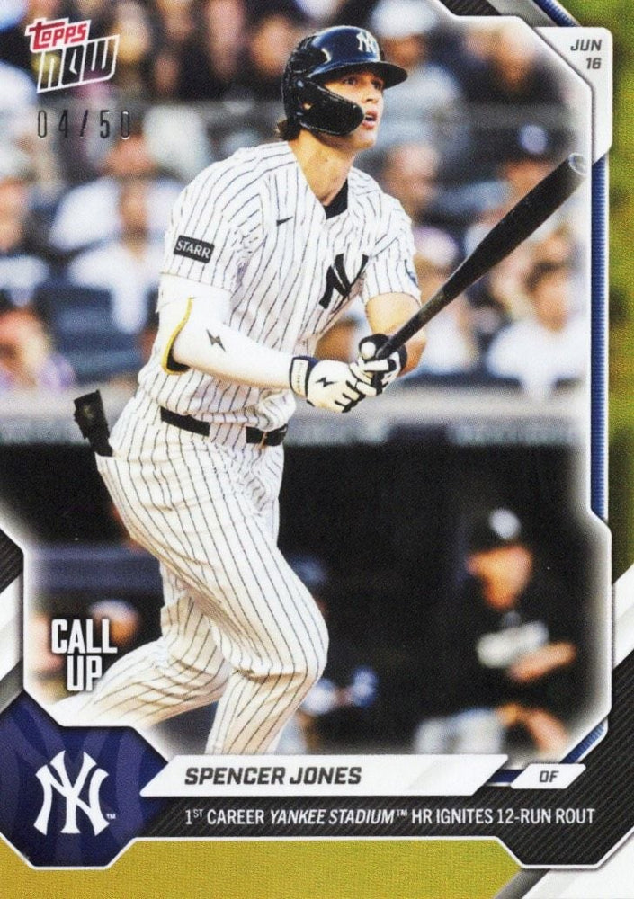 2026 Topps Now Spencer Jones #342 Gold Foil /50 1st Career Yankee Stadium Home Run Ignites 12 Run Rout New York Yankees Rookie RC Baseball Card (ONLINE ORDER ONLY)