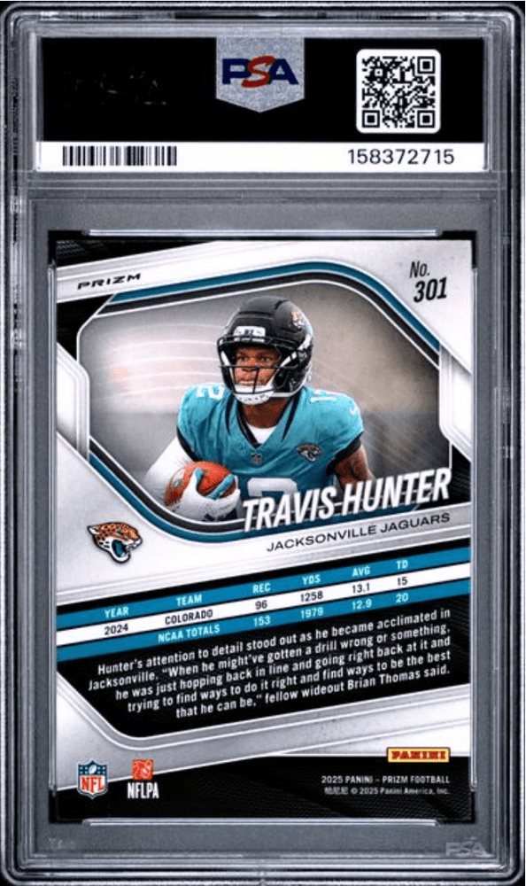 Graded 2025 Panini Prizm Travis Hunter #301 Lazer Prizm Rookie RC Football Card PSA 10 Gem Mint (ONLINE ORDER ONLY)