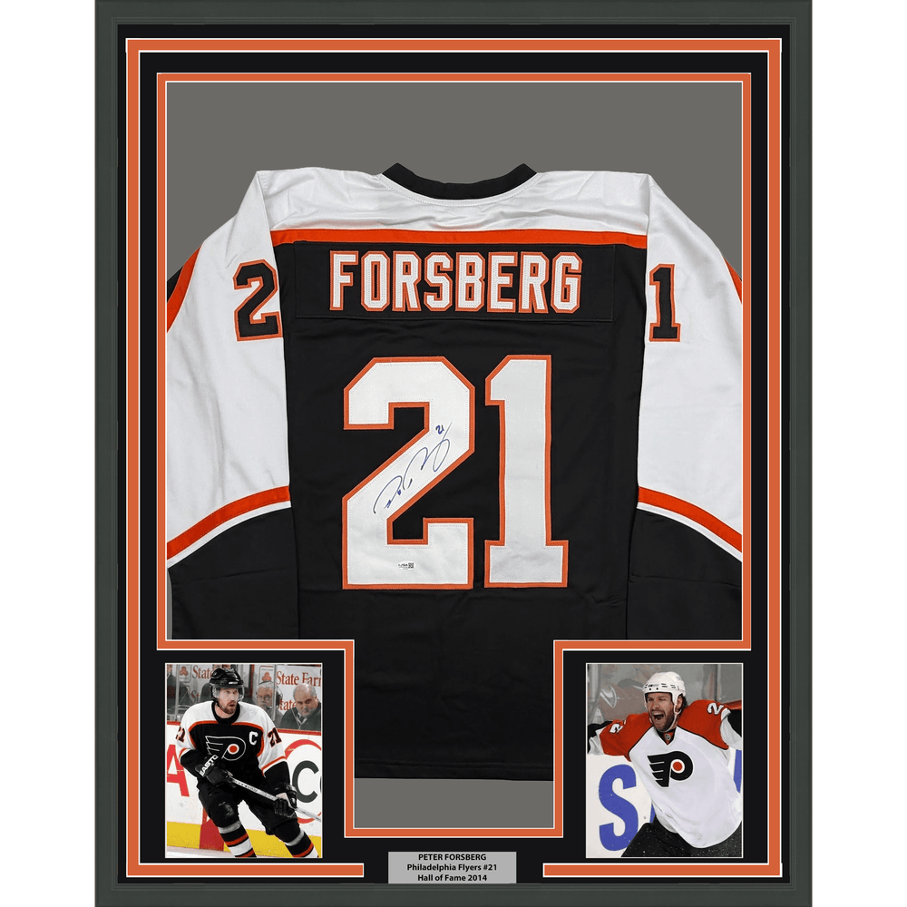Framed Autographed/Signed Peter Forsberg 35x39 Philadelphia Black Hockey Jersey JSA COA (ONLINE ORDER ONLY)