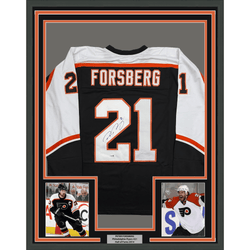 Framed Autographed/Signed Peter Forsberg 35x39 Philadelphia Black Hockey Jersey JSA COA (ONLINE ORDER ONLY)