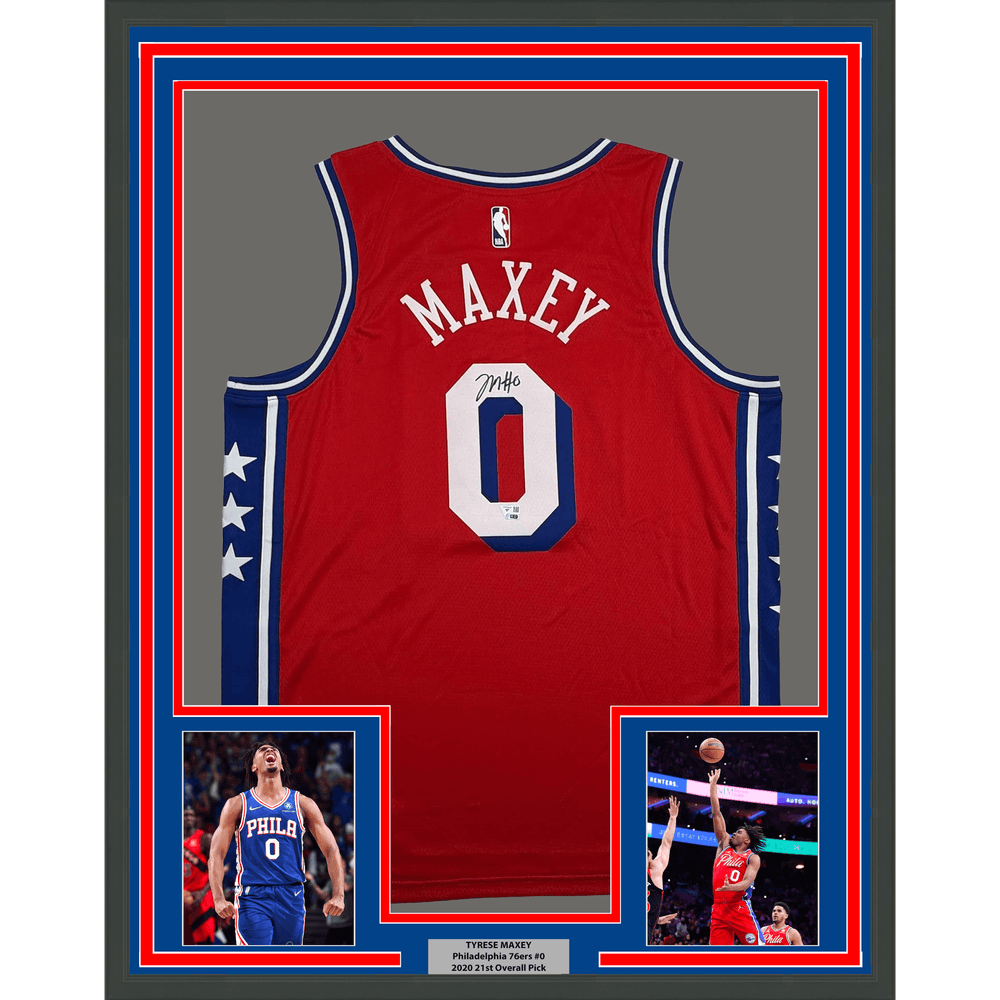 Framed Autographed/Signed Tyrese Maxey 35x39 Philadelphia 76ers Sixers Red Authentic Basketball Jersey Fanatics COA (ONLINE ORDER ONLY)