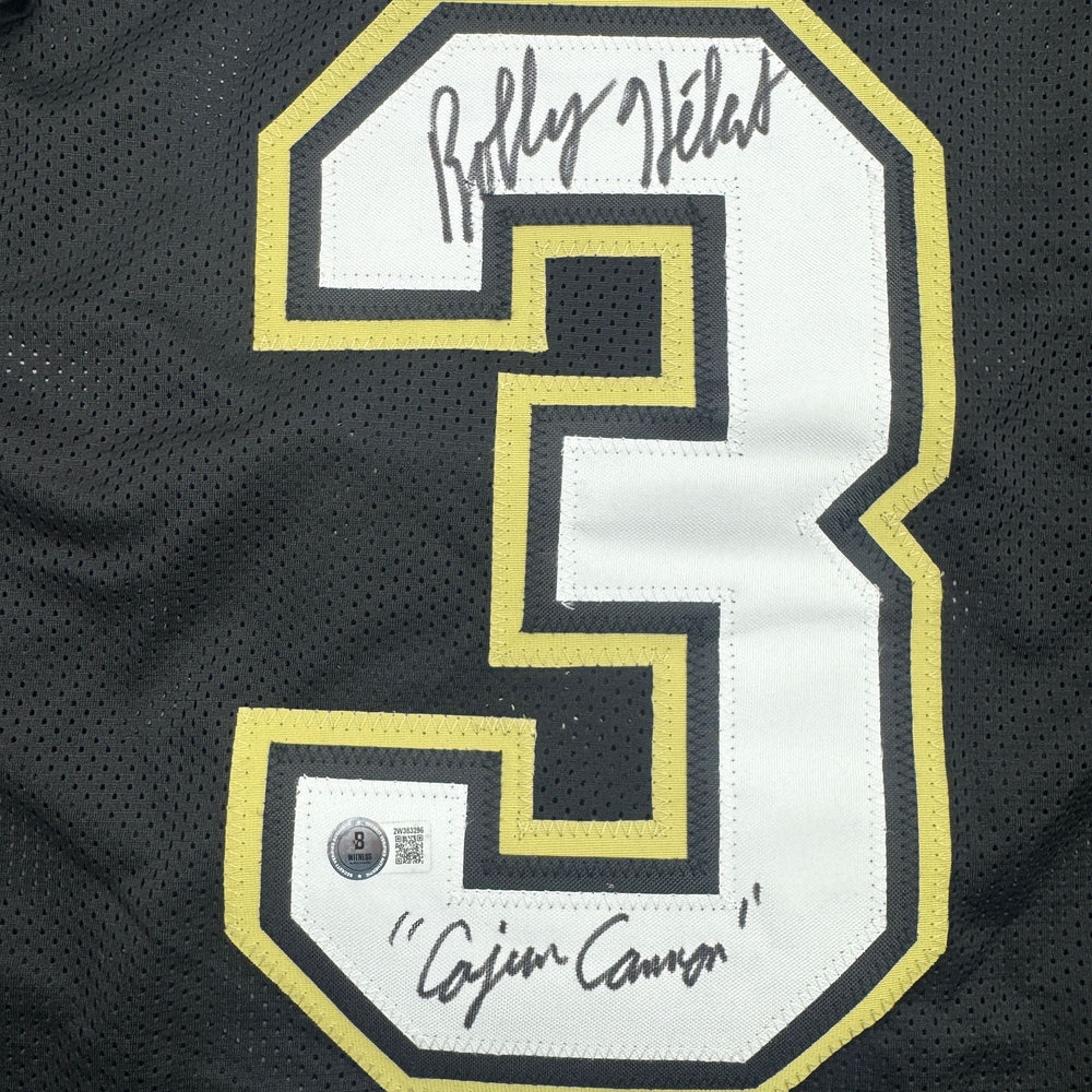 Autographed/Signed Bobby Hebert Cajun Cannon New Orleans Black Football Jersey Beckett BAS COA (ONLINE ORDER ONLY)
