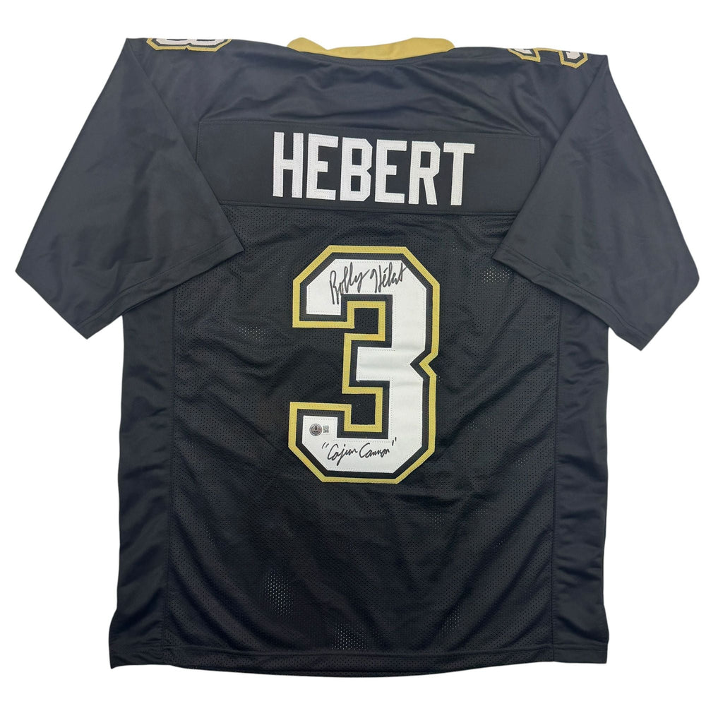 Autographed/Signed Bobby Hebert Cajun Cannon New Orleans Black Football Jersey Beckett BAS COA (ONLINE ORDER ONLY)