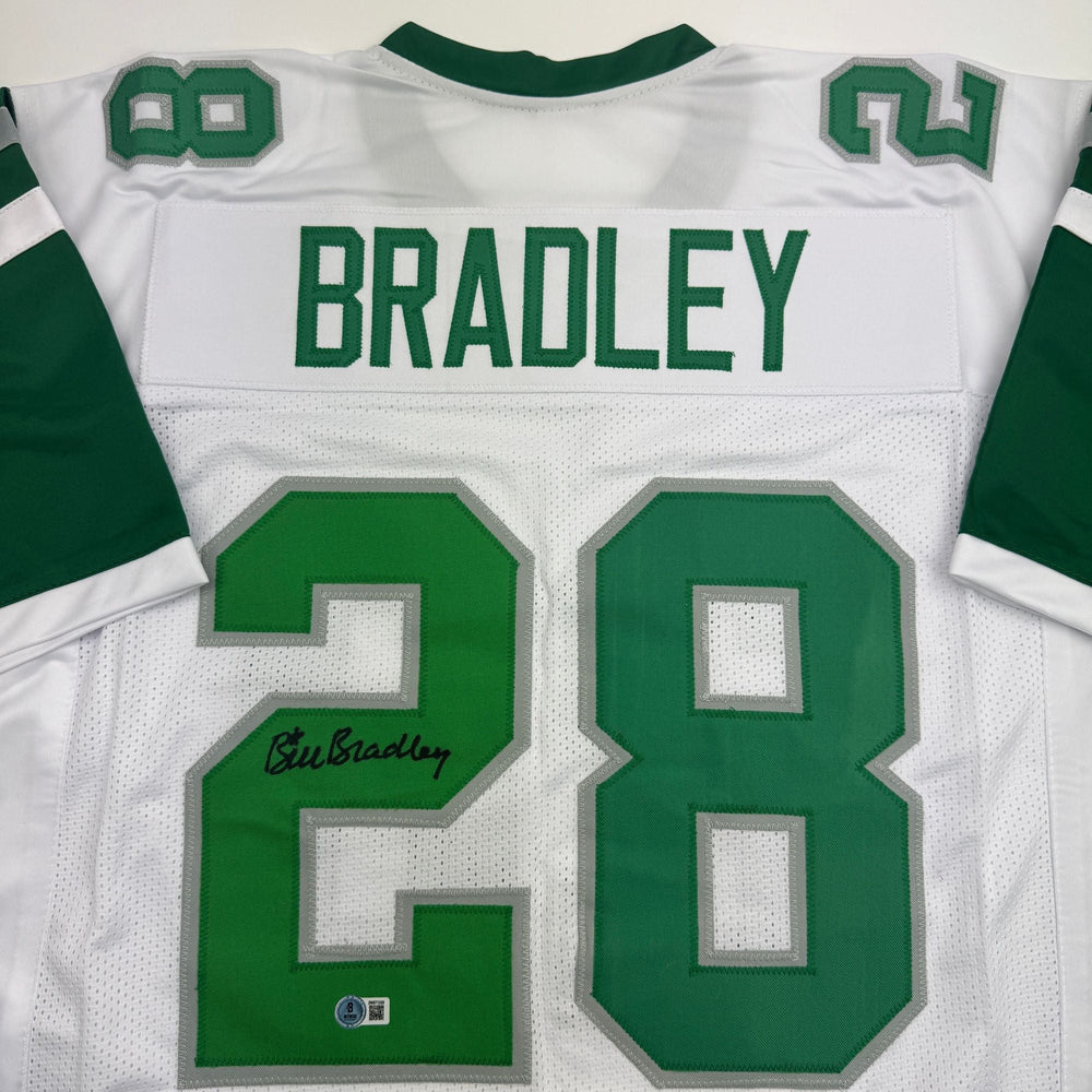 Autographed/Signed Bill Bradley Philadelphia White Football Jersey Beckett BAS COA (ONLINE ORDER ONLY)