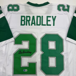 Autographed/Signed Bill Bradley Philadelphia White Football Jersey Beckett BAS COA (ONLINE ORDER ONLY)