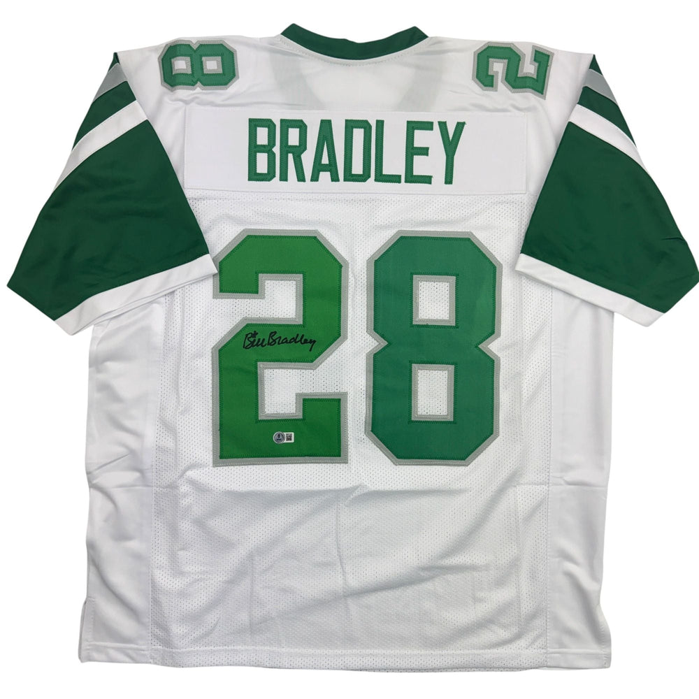 Autographed/Signed Bill Bradley Philadelphia White Football Jersey Beckett BAS COA (ONLINE ORDER ONLY)