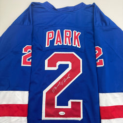 Autographed/Signed Brad Park New York Blue Hockey Jersey JSA COA (ONLINE ORDER ONLY)