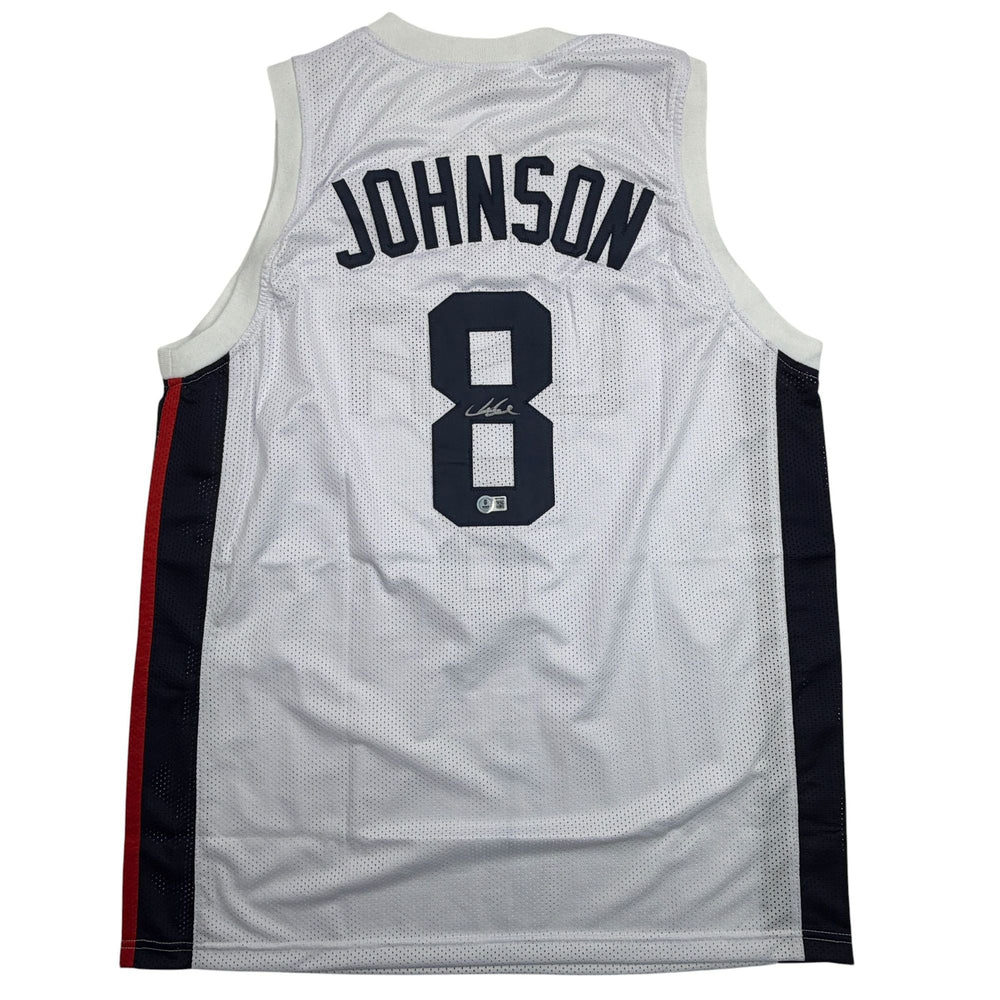 Autographed/Signed Joe Johnson United States USA Olympic White Basketball Jersey Beckett BAS COA (ONLINE ORDER ONLY)
