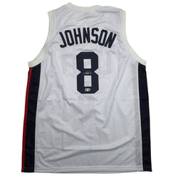 Autographed/Signed Joe Johnson United States USA Olympic White Basketball Jersey Beckett BAS COA (ONLINE ORDER ONLY)