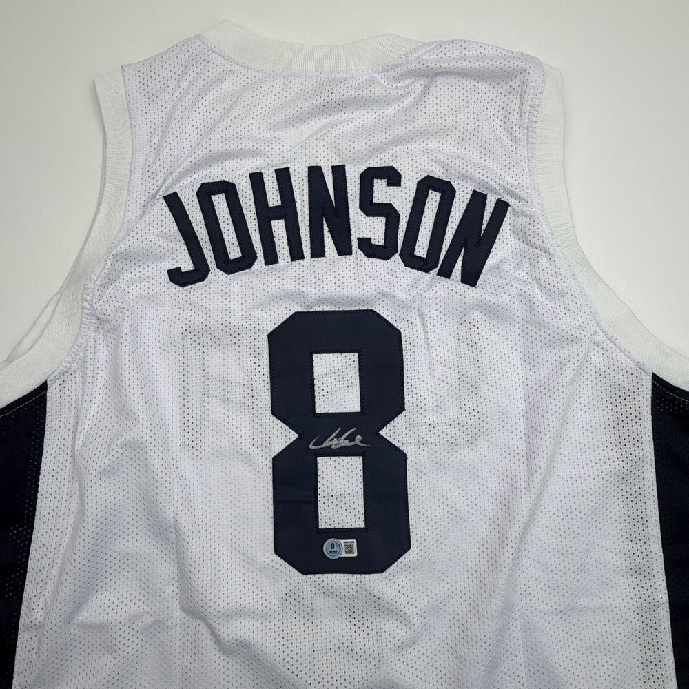 Autographed/Signed Joe Johnson United States USA Olympic White Basketball Jersey Beckett BAS COA (ONLINE ORDER ONLY)