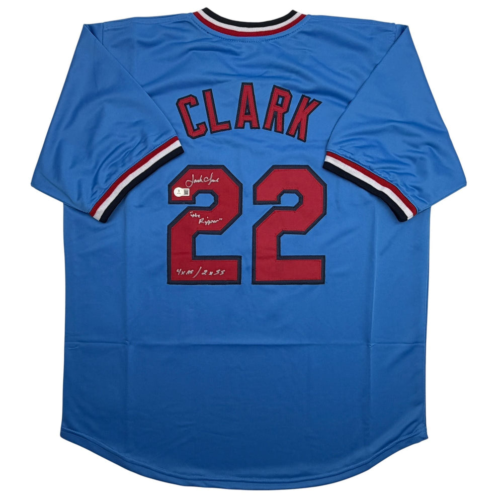Autographed/Signed Jack Clark St. Louis Blue Baseball Jersey Beckett BAS COA (ONLINE ORDER ONLY)