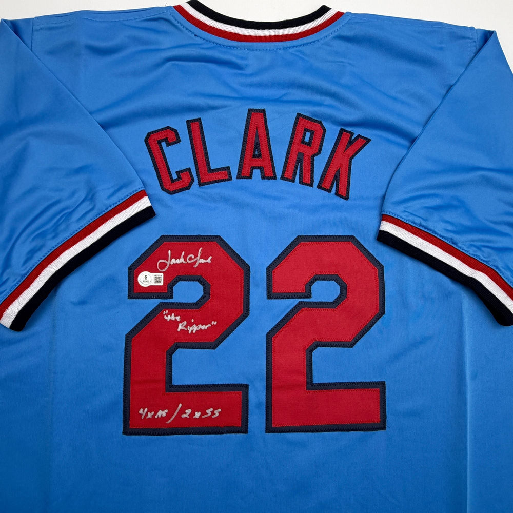 Autographed/Signed Jack Clark St. Louis Blue Baseball Jersey Beckett BAS COA (ONLINE ORDER ONLY)