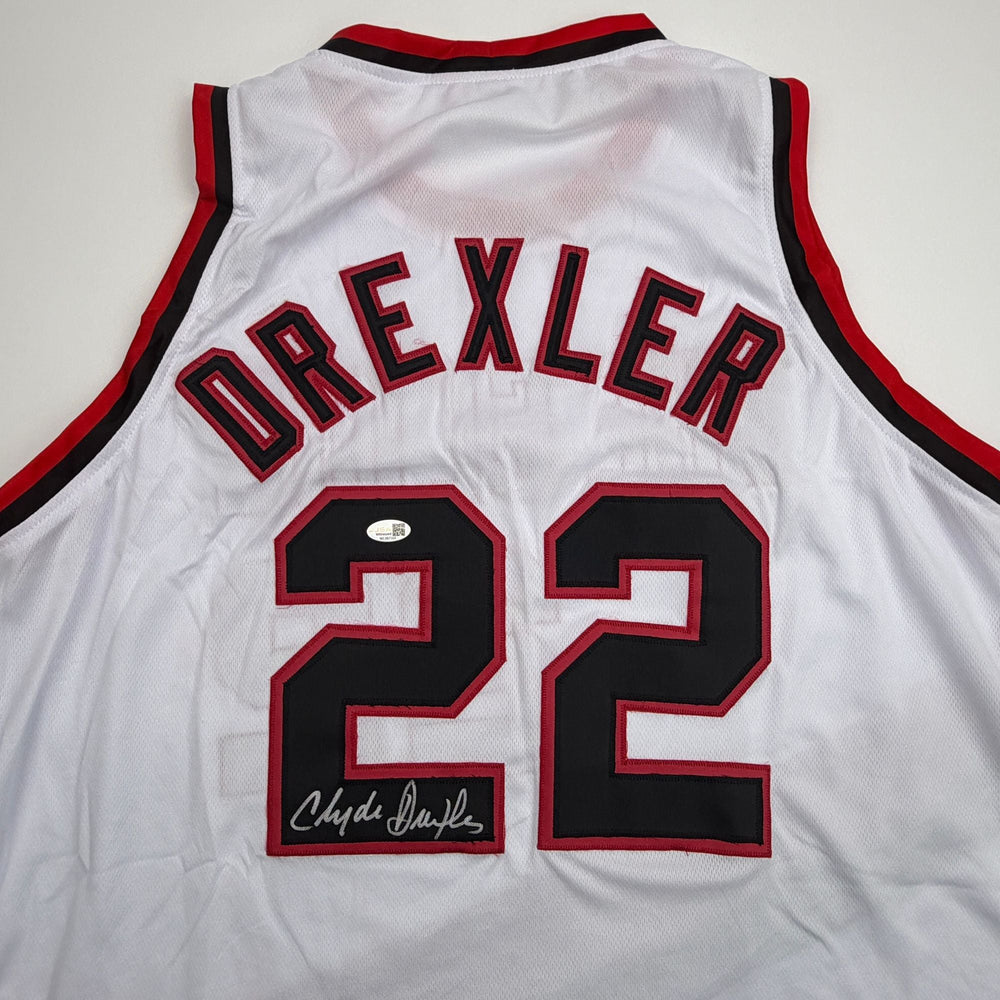 Autographed/Signed Clyde Drexler Portland White Basketball Jersey JSA COA (ONLINE ORDER ONLY)