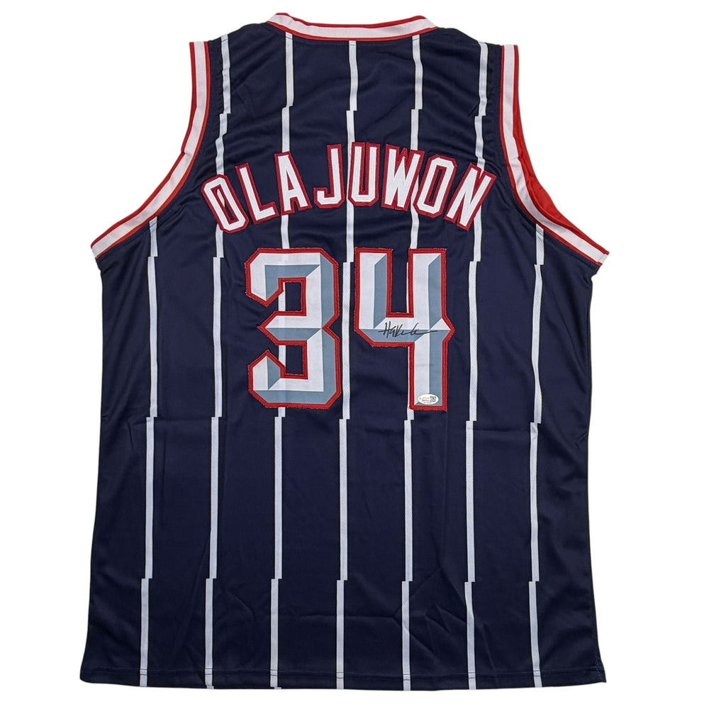 Autographed/Signed Hakeem Olajuwon Houston Blue Basketball Jersey JSA COA (ONLINE ORDER ONLY)