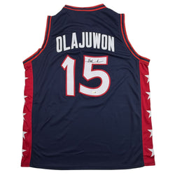 Autographed/Signed Hakeem Olajuwon United States USA Olympics Blue Basketball Jersey JSA COA (ONLINE ORDER ONLY)